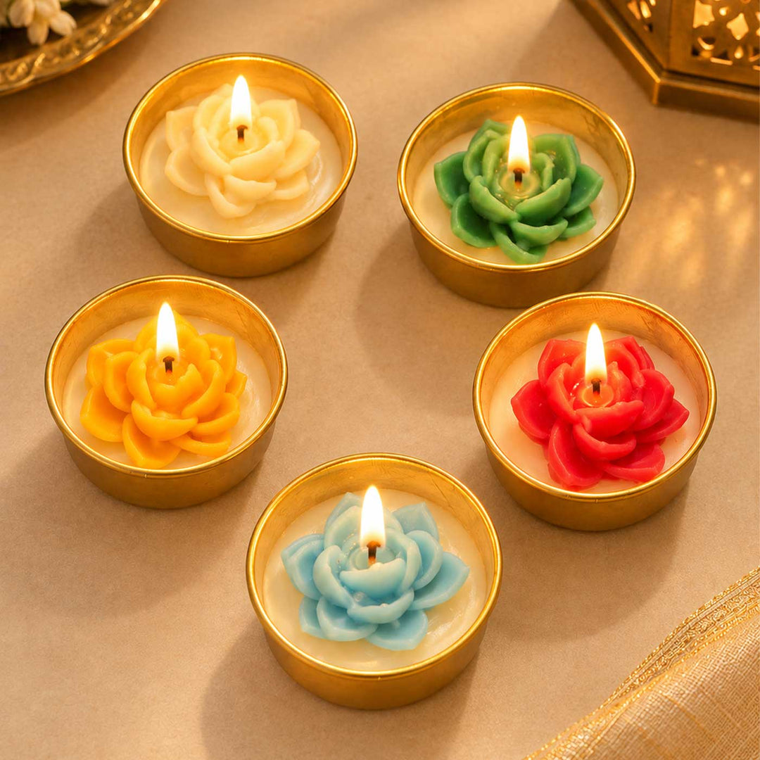 5 pc | Lotus Soy Wax Tealight Candle With Iron Holder