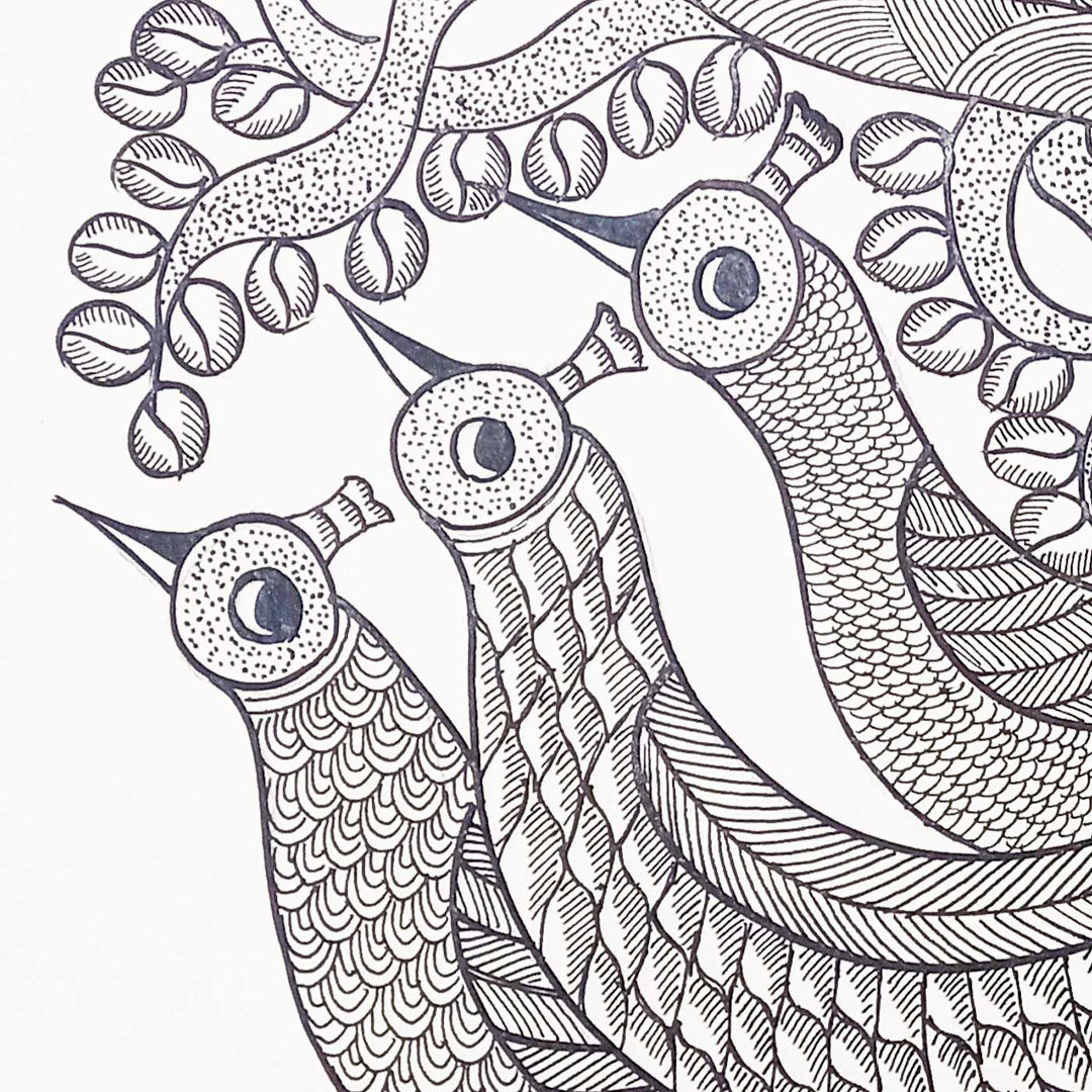 11 x 15 Inch | Trio Peacock | Original Hand Painted Tribal Gond Art Painting | Acrylic Paint On Paper