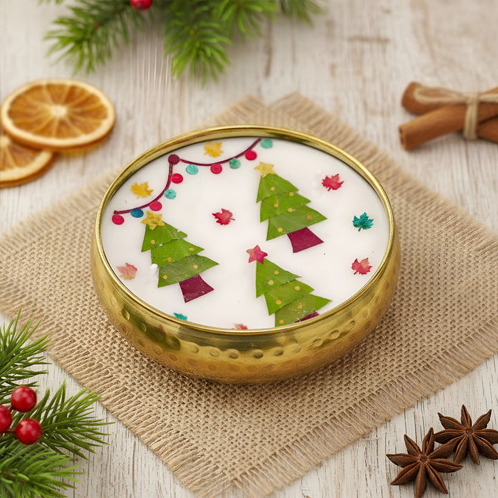 4 Inch | Handmade Pressed Flower Xmas Tree Theme Brass Candle | Packed in a Gift Box