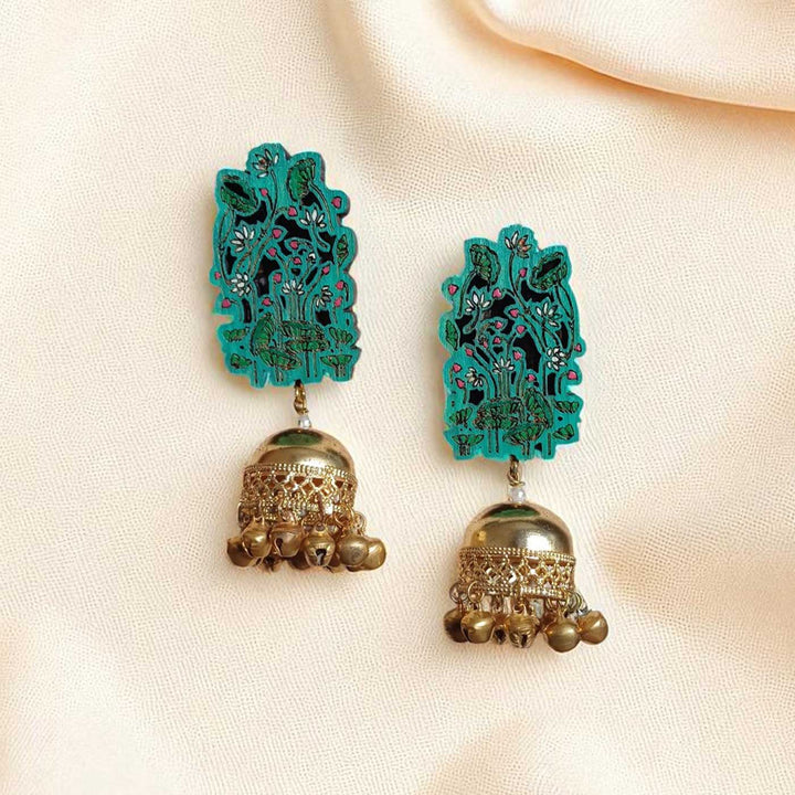 Handmade Green Flower Jhumka Wooden Earrings