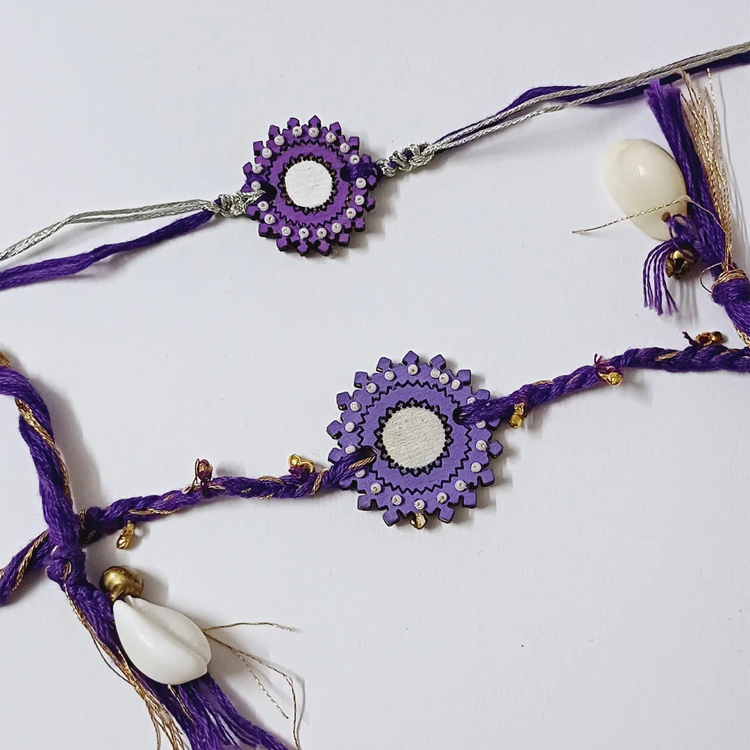 Handmade Reusable Purple Ghungroo Shell & Beads Wooden Bhaiya Bhabhi Rakhi With Roli Chawal