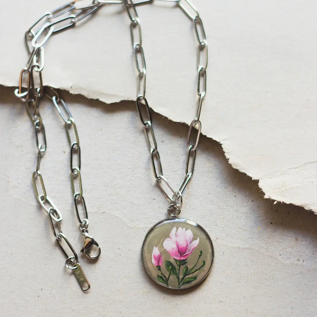 Illustrated Magnolia Flower Design Resin & Stainless Steel Necklace