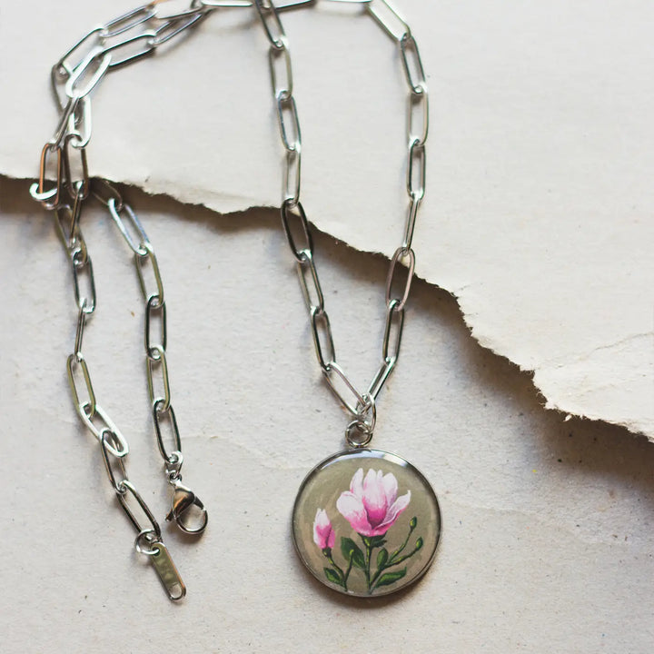 Illustrated Magnolia Flower Design Resin & Stainless Steel Necklace