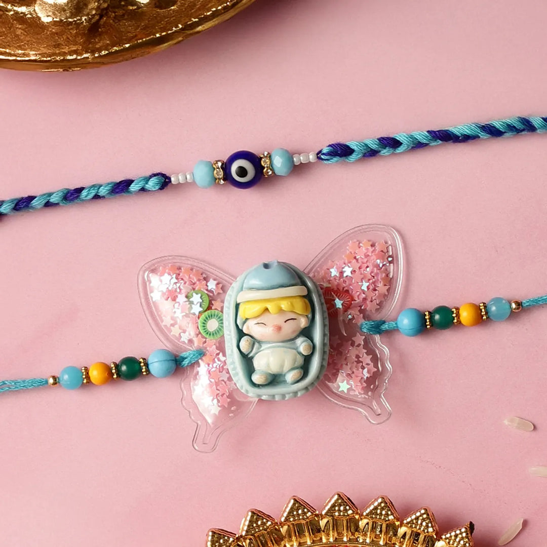 Handmade Butterfly & Evil Eye Kids Rakhi With Roli Chawal | Set Of 2