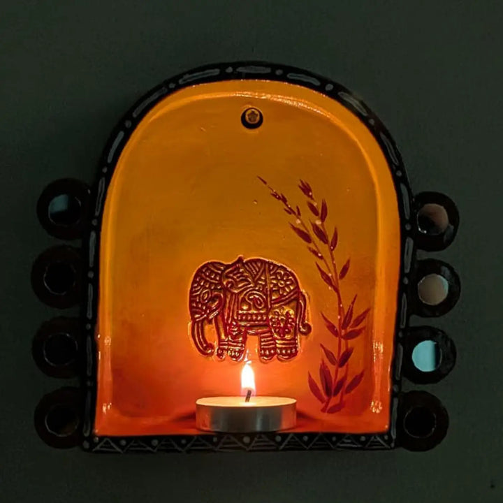 Hand-Painted Mirror Work Elephant Motif Terracotta Tealight Holder
