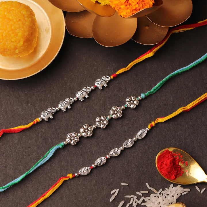 Handmade Elephants, Flowers & Leaves Rakhi With Roli Chawal | Set Of 3