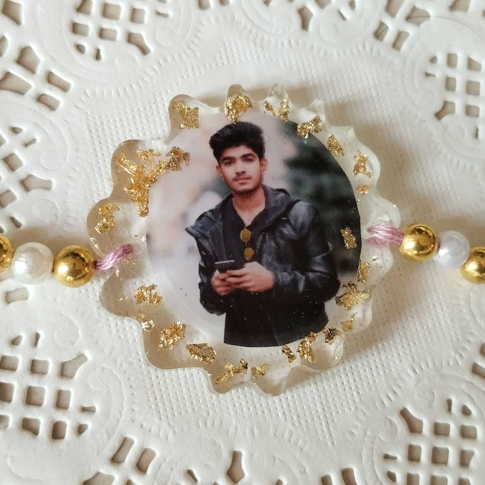 Photo Personalized Flower Shape Resin Rakhi - Side Angle of Printed Charm