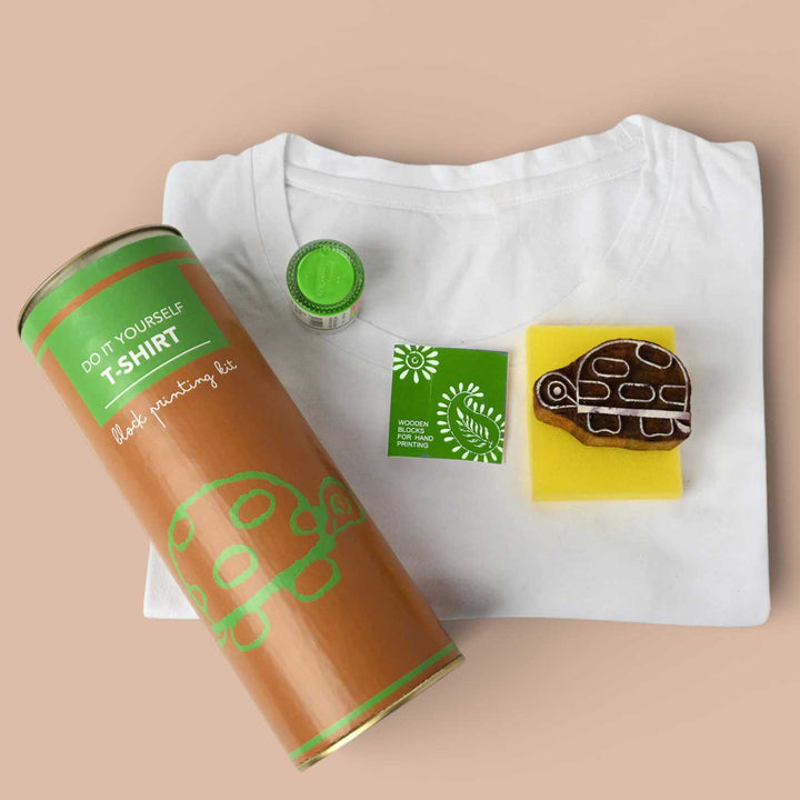 Turtle Design T-shirt Block Print DIY Kit | 1 White Cotton T-shirt, 1 Fabric Paint And 1 Wooden Block