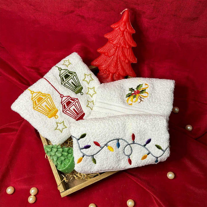 Personalized Lantern, Candles, Fairy Lights & Holly Leaves Embroidered Towel & Candle Hamper | Xmas Gifting Ideas | Set Of 6