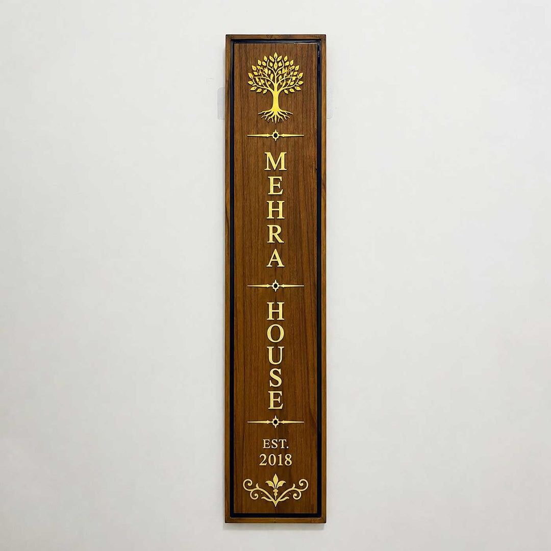 Minimal Linear Design Vertical Slim Personalized Handcrafted Teak Wood Name Plate With Inlaid Brass Lettering & Resin Border For Home