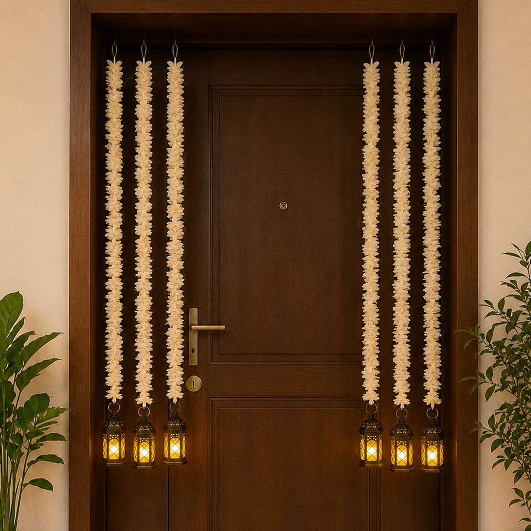 Handcrafted White Artificial Flower With Black Lantern Tassels Door Hangings