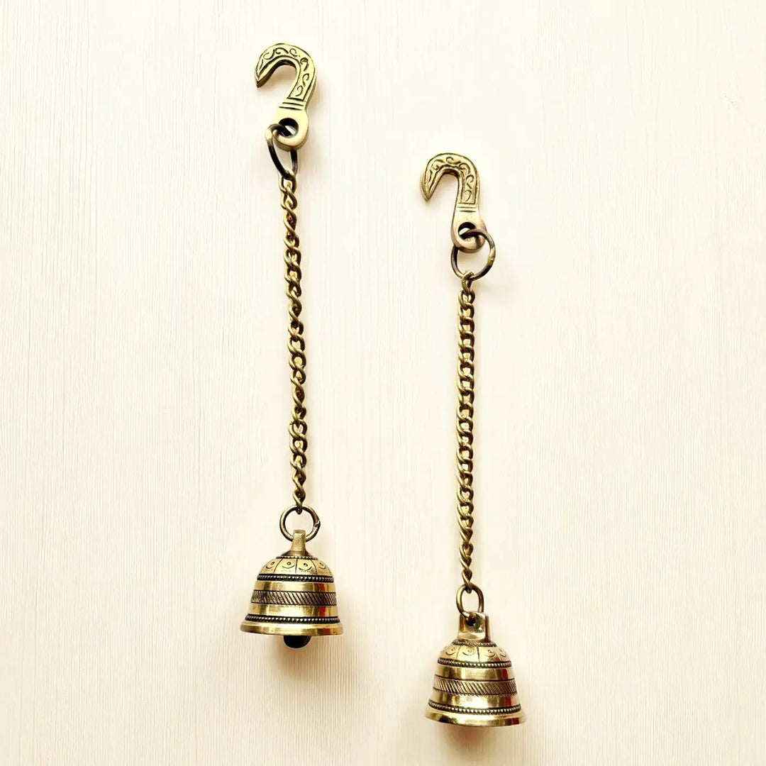 12 Inch | Antique Finish Metal Bell Hangings With Chain | Set Of 2