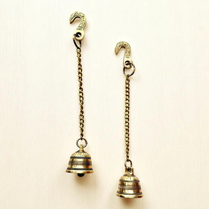 12 Inch | Antique Finish Metal Bell Hangings With Chain | Set Of 2