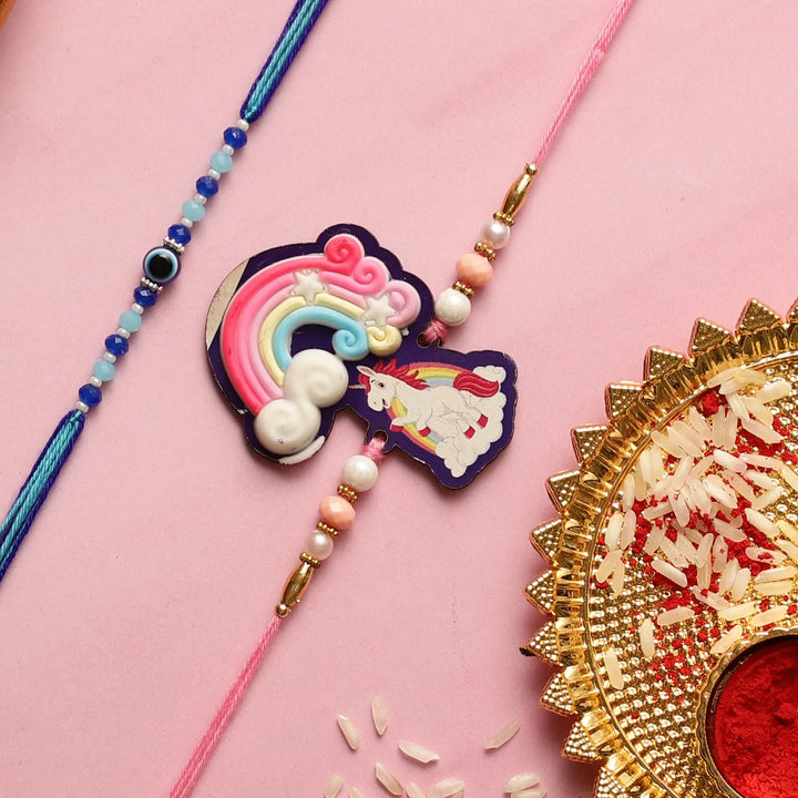 Handmade Rainbow & Evil Eye Kids Rakhi With Roli Chawal | Set Of 2