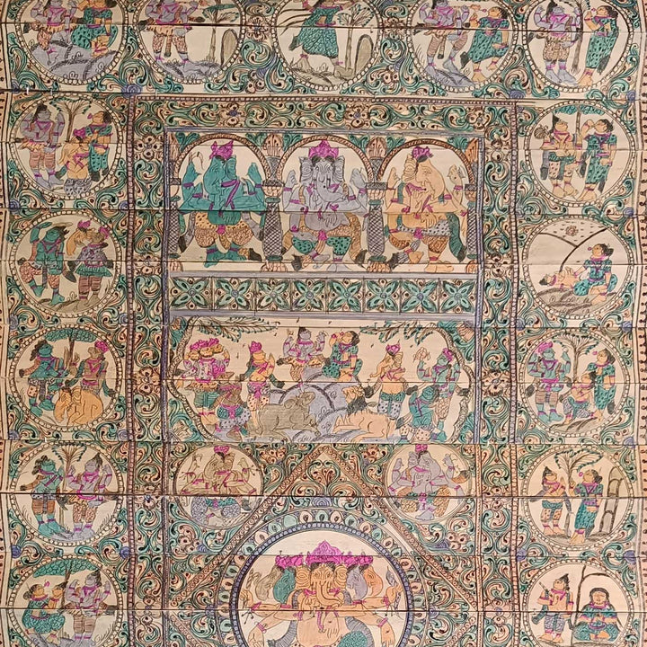 18 X 30 Inch | Handmade Palm Leaf Panchamukhi Ganesha With Life Story Painting