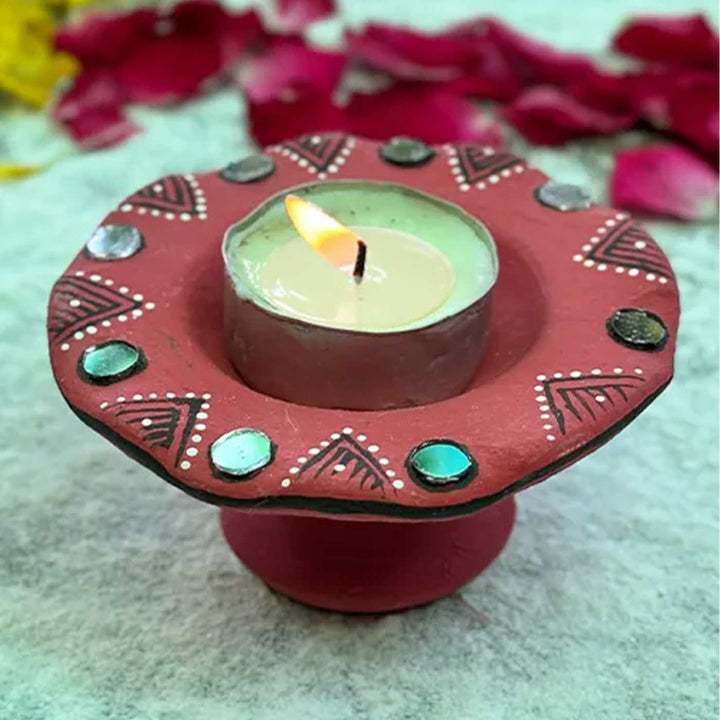 Set of 6 | Red Hand-Painted Flower-Shaped Terracotta Diya Tealight Holders For Festive Decor