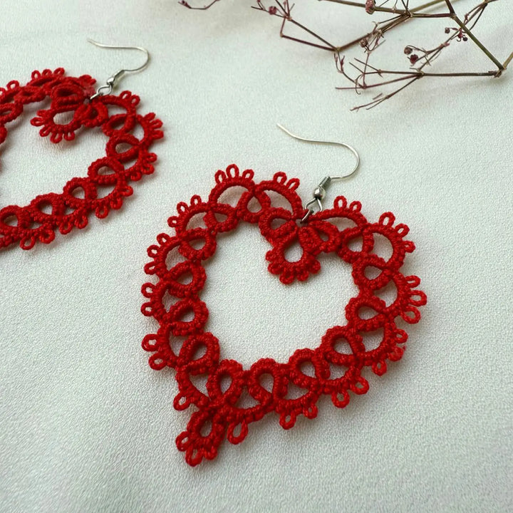 Handmade Tatting Red Heart Shaped Lace Cotton Earrings