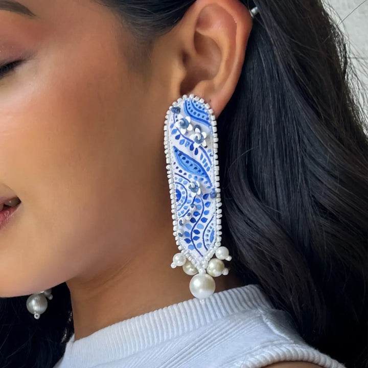 Hand Embroidered Beaded Blue & White Delicate Mughal Elegance Cotton Earrings