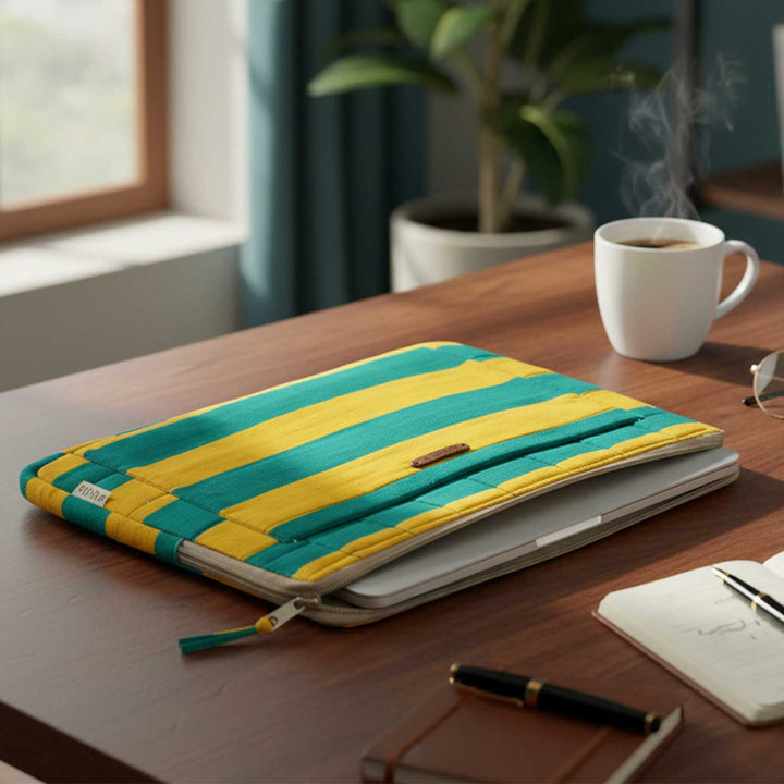 Handmade Sustainable Lemon Yellow Stripes Laptop Sleeve