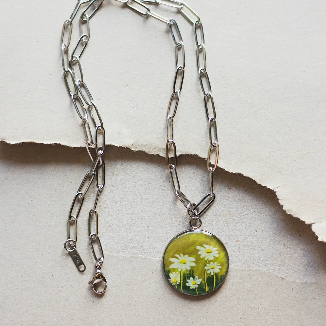 Illustrated Daisies Flower Design Resin & Stainless Steel Necklace