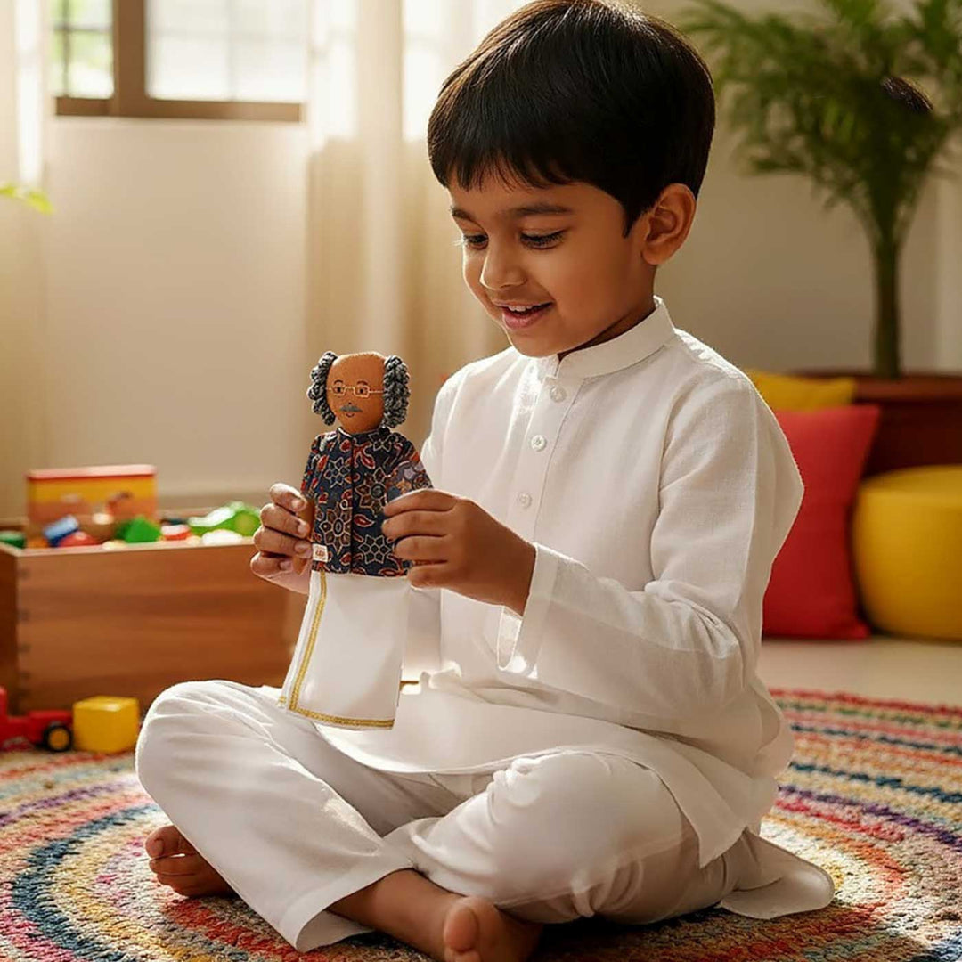 Nilah's Tatha (Grandfather) In Blue Shirt  | Soft Hand-Stitched Sustainable Indian Play Doll