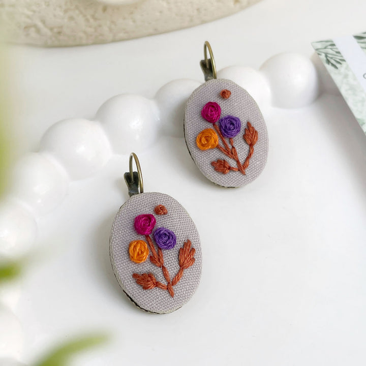 Hand Embroidered Blossom Pop Bronze Tone Earrings