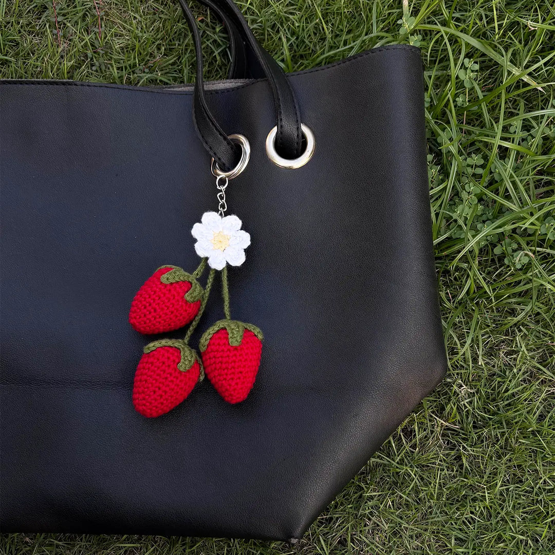 Handmade Crochet Strawberry & Flower Cotton Bag Charm