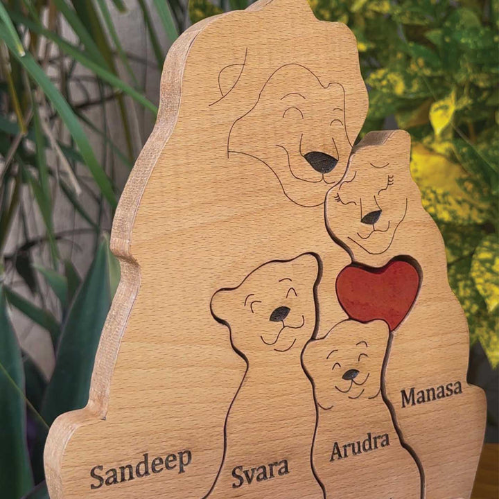 Personalized Lion Family Of 4 Wooden Figurine