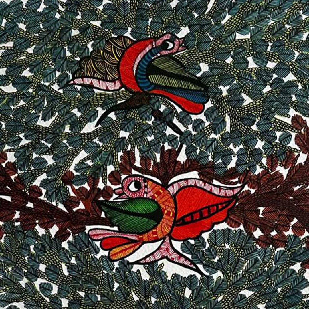 15 x 22 Inch | Birds & Leaves | Original Hand Painted Tribal Gond Art Painting | Acrylic Paints On Paper
