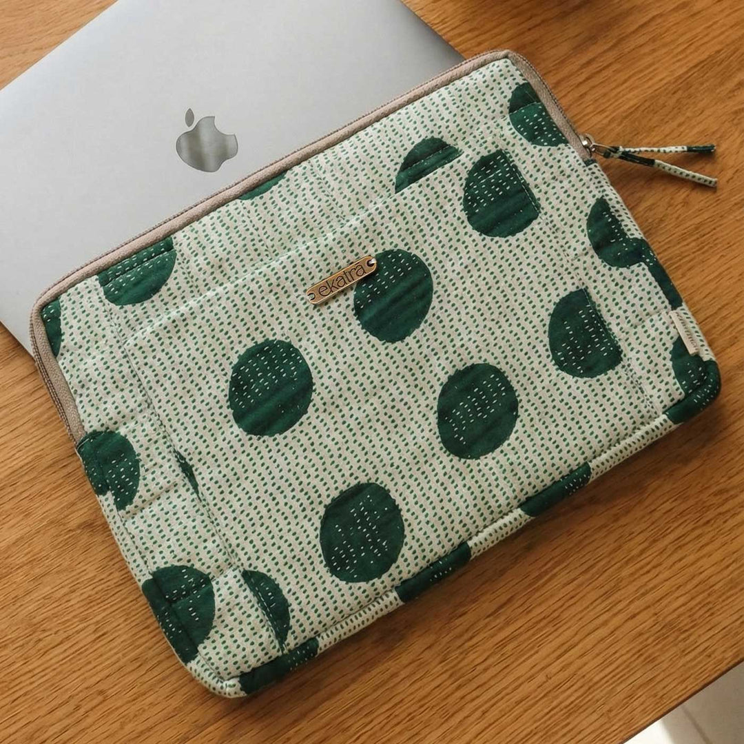 Handmade Sustainable Green Dots Laptop Sleeve