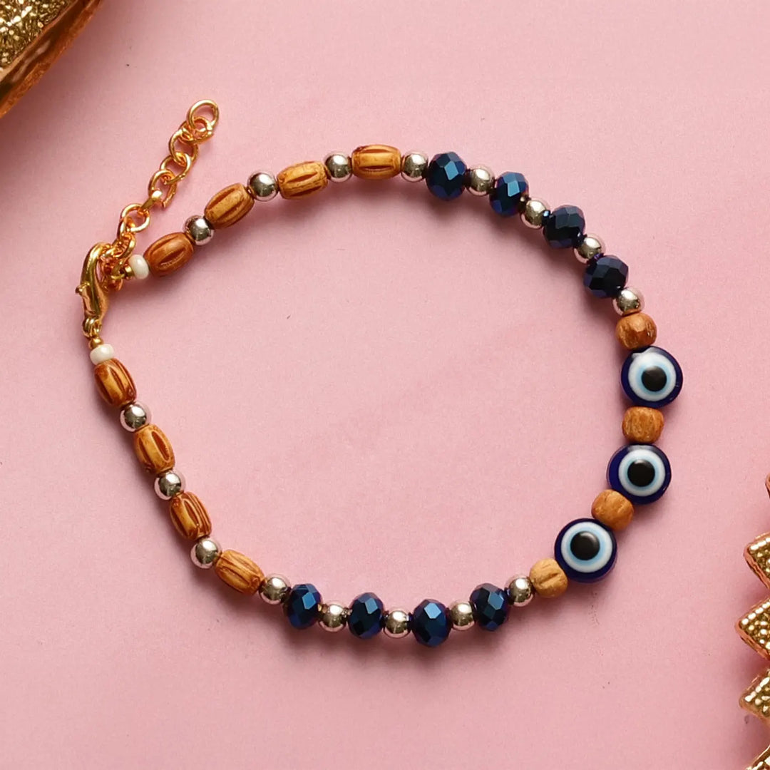 Handmade Beaded Evil Eye Rakhi With Roli Chawal