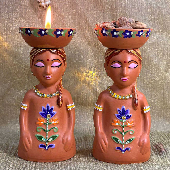 Hand-Painted Relaxing Girl Design Terracotta Tealight Holder | Set Of 2