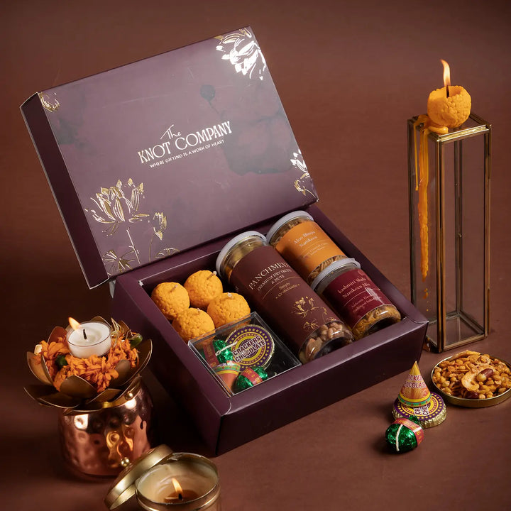 Sweets Savory Diwali Gift Hamper | Includes 1 Panchmeva Dry Fruits, 1 Aloo Bhujia, 1 Kashmiri Shahi Namkeen, 4 Cracker Chocolates, 4 Laddoo Candles, 1 Gift Box
