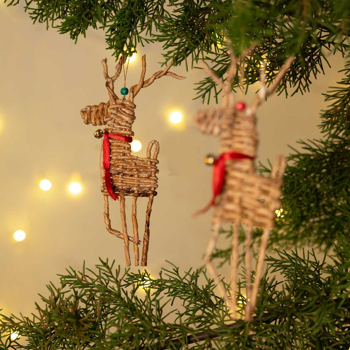 2 Pc | Handmade Banana Rope Reindeer Woven Hanging Ornaments