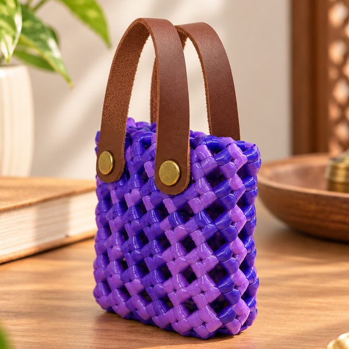 Handwoven Purple Mini Koodai Bag Charm/Festive Gift Pouch With Brown Handles