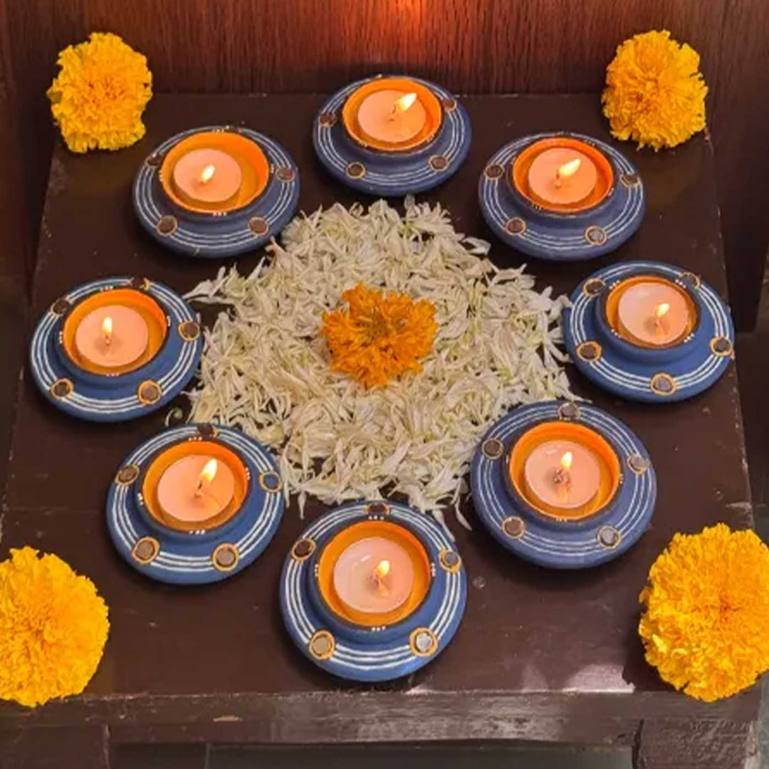 Set of 8 | "Blue Rhythm" Mirror Work Hand-Painted Terracotta Disc Diya Tealight Holders For Festive Decor