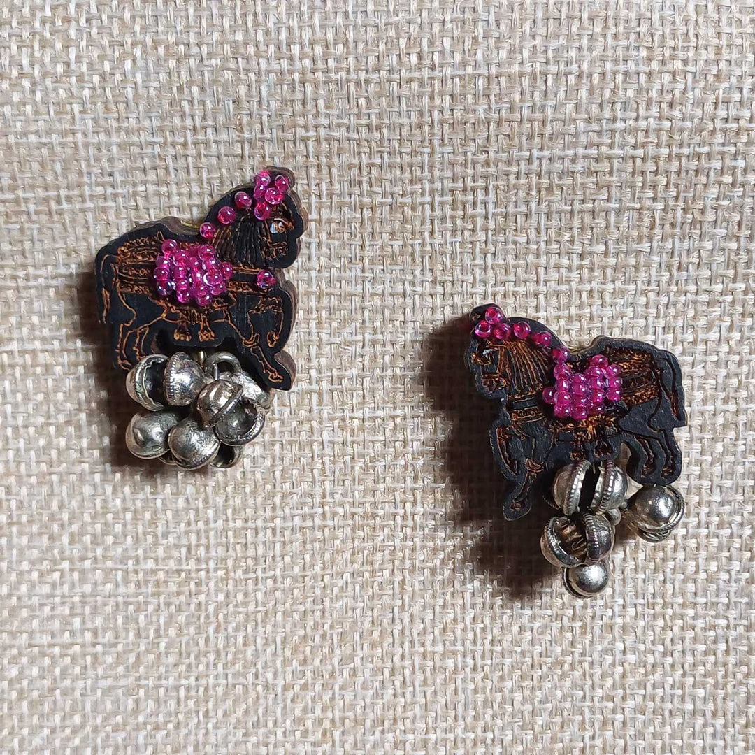 Handmade Beaded Black Horse Ghungroo Wooden Earrings