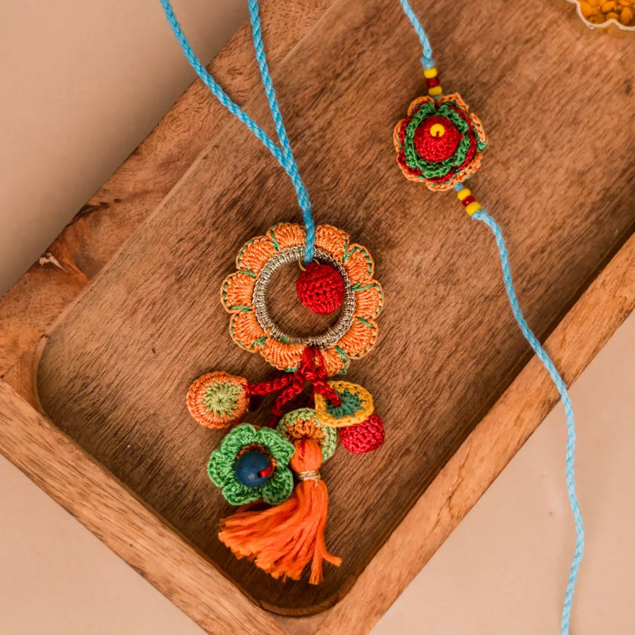 Handmade Crochet Floral Garden Bhaiya Bhabhi Rakhi With Roli Chawal Set Of 2 - Close-up Detail View