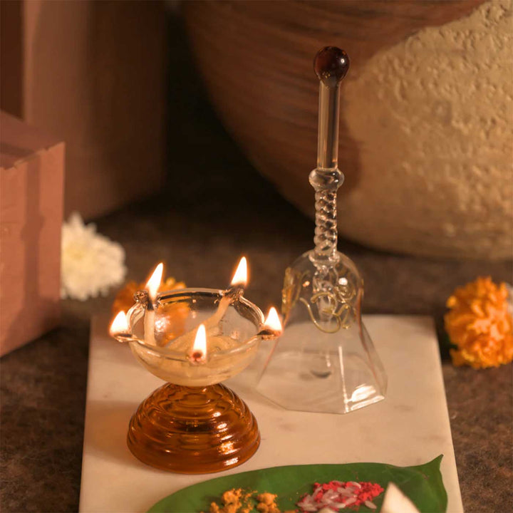 Durable Glass Short Prayer Gift Hamper | Includes Diya And Ringing Bell