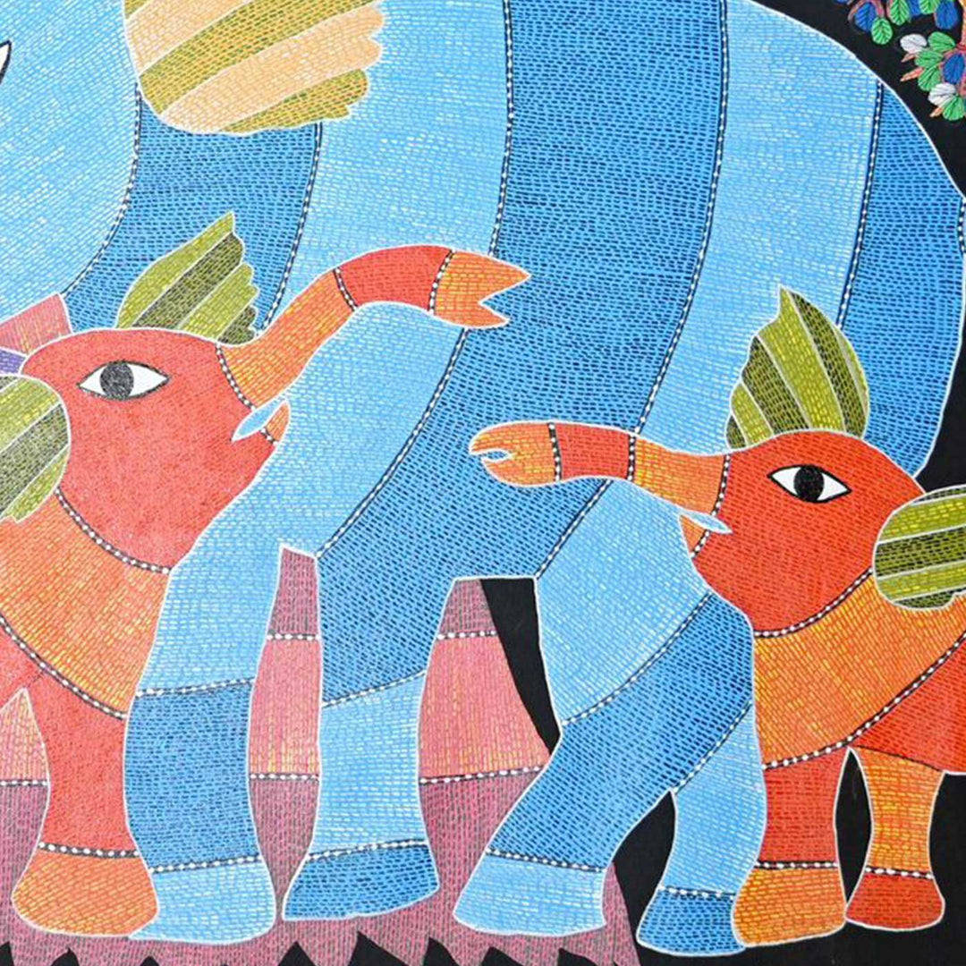 15 x 22 Inch | Family of Elephants | Original Hand Painted Tribal Gond Art Painting | Acrylic Paints On Canvas