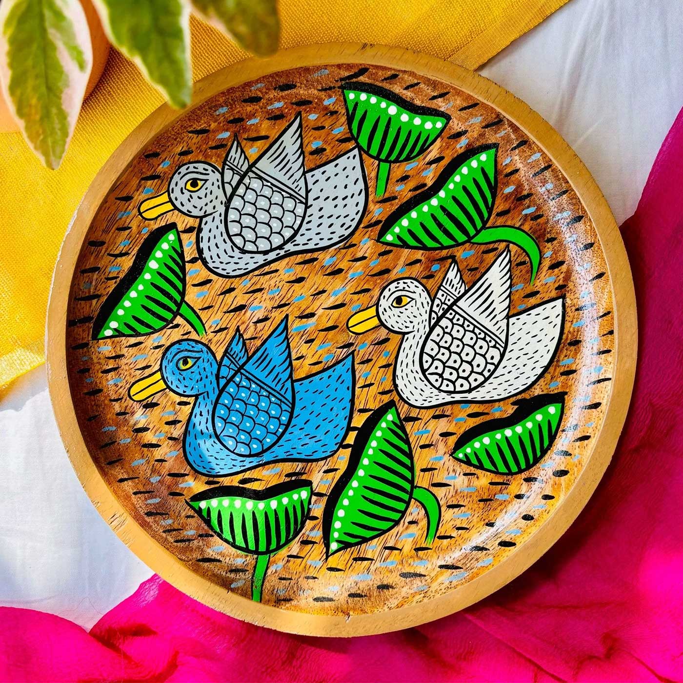 Buy Hand-Painted Pattachitra Saras Round Wooden Platter Online On Zwende