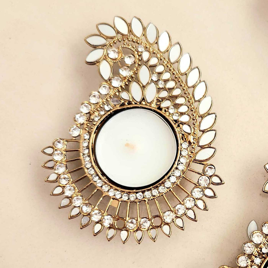 Handmade Mirror Work Paisley Shape Wooden Tealight Holder