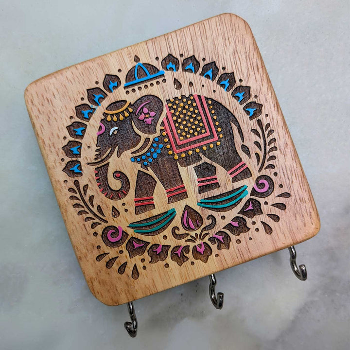 Engraved Hand-Painted Elephant Rubber Wood Wall Key Holder