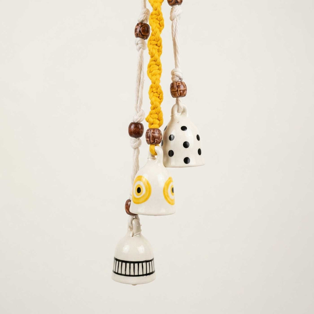 Macrame Handpainted Ceramic Bells Polka Chime Trio Hanging With Wooden Beads With Assorted Ceramic Hooks