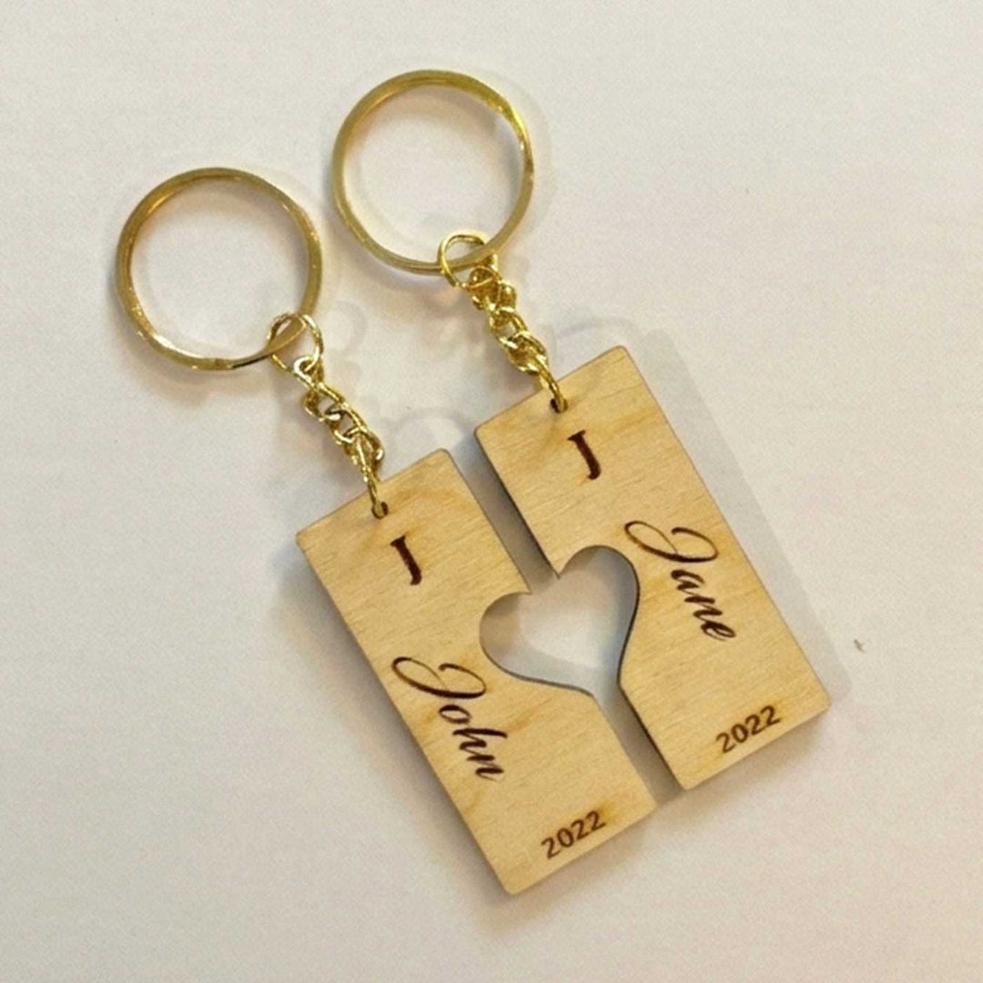 2 Pc | Heart Shaped Personalized Birchwood Keychain For Couple