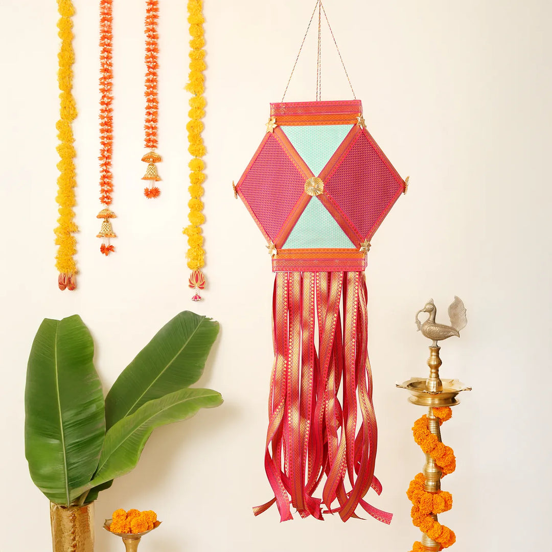 Handmade Decorative Red & Blue Premium Khun Fabric Akash Kandil/Lantern