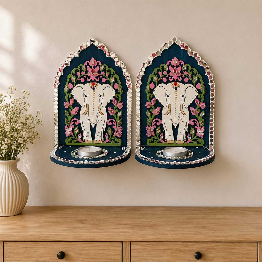 2 pc | Handcrafted Elephant Mirror Work MDF Tealight Holders For Festive Decor