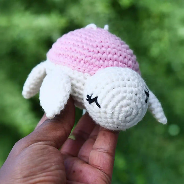 Handmade Crochet Turtle Theme Kids Rakhi And Toy Combo With Roli Chawal Set Of 2 - Handheld Size Demonstration