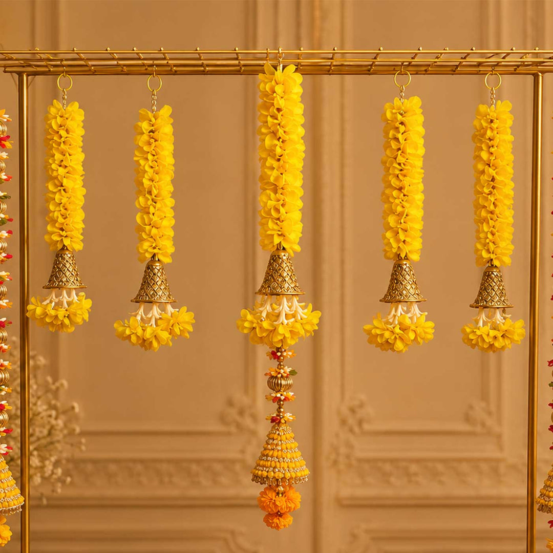 Yellow Floral Tassel Pooja Backdrop Decor Kit With Bells & Golden Latkans