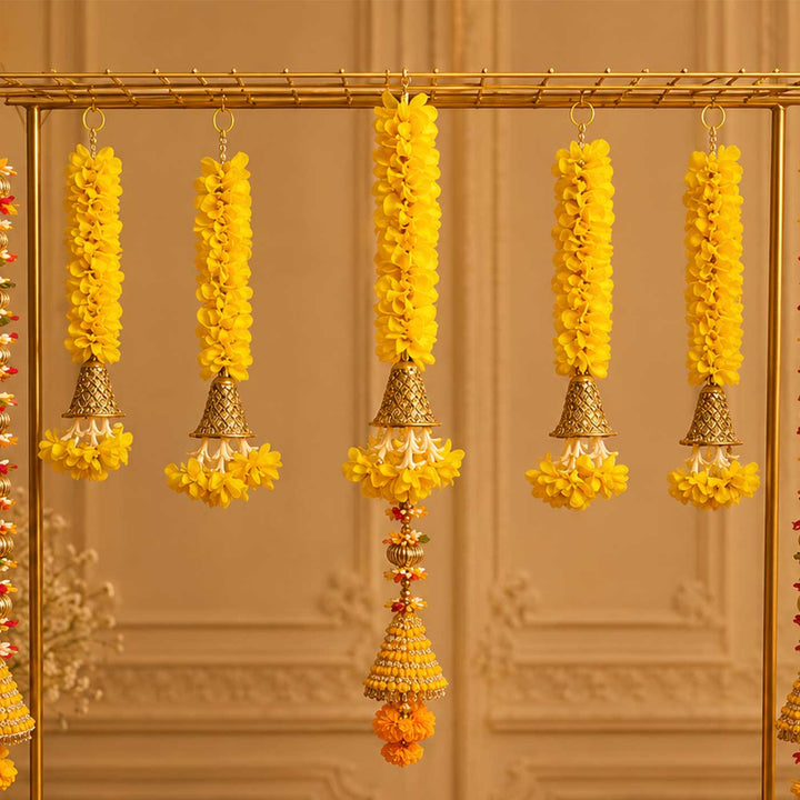 Yellow Floral Tassel Pooja Backdrop Decor Kit With Bells & Golden Latkans